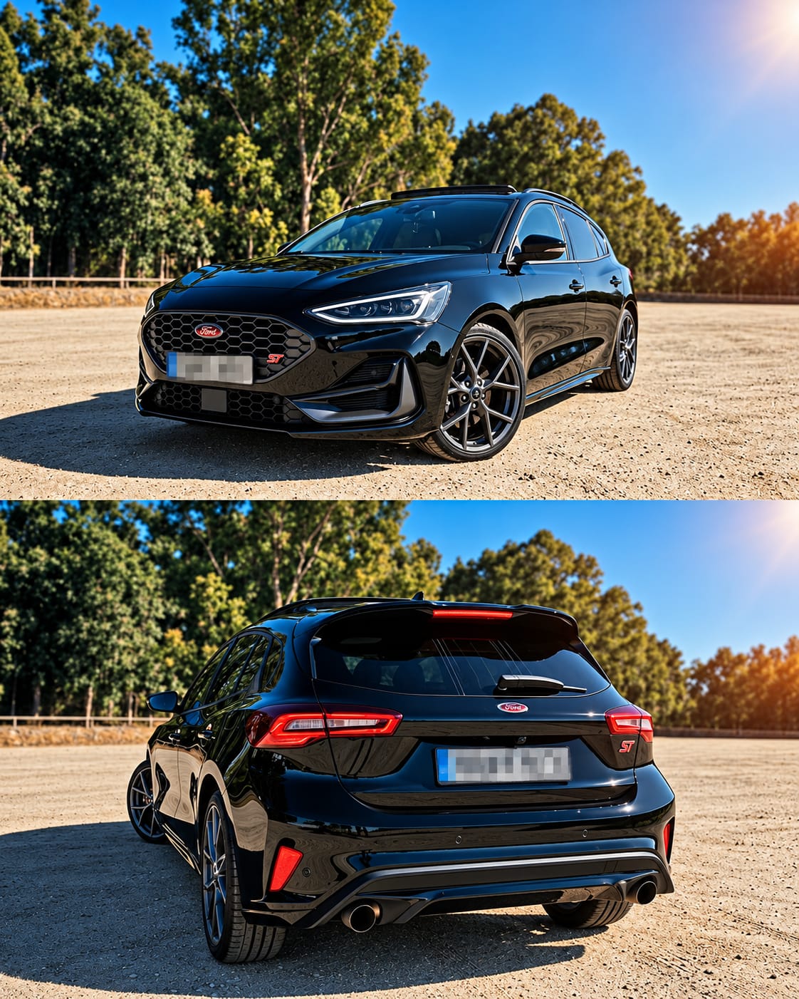 Ford Focus ST negro, vista frontal y trasera de la carrocería