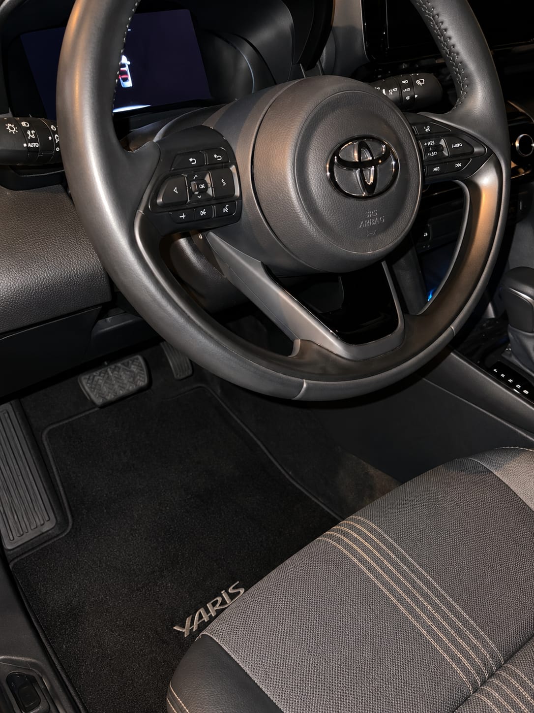 Volante y alfombrilla limpios del interior de un coche
