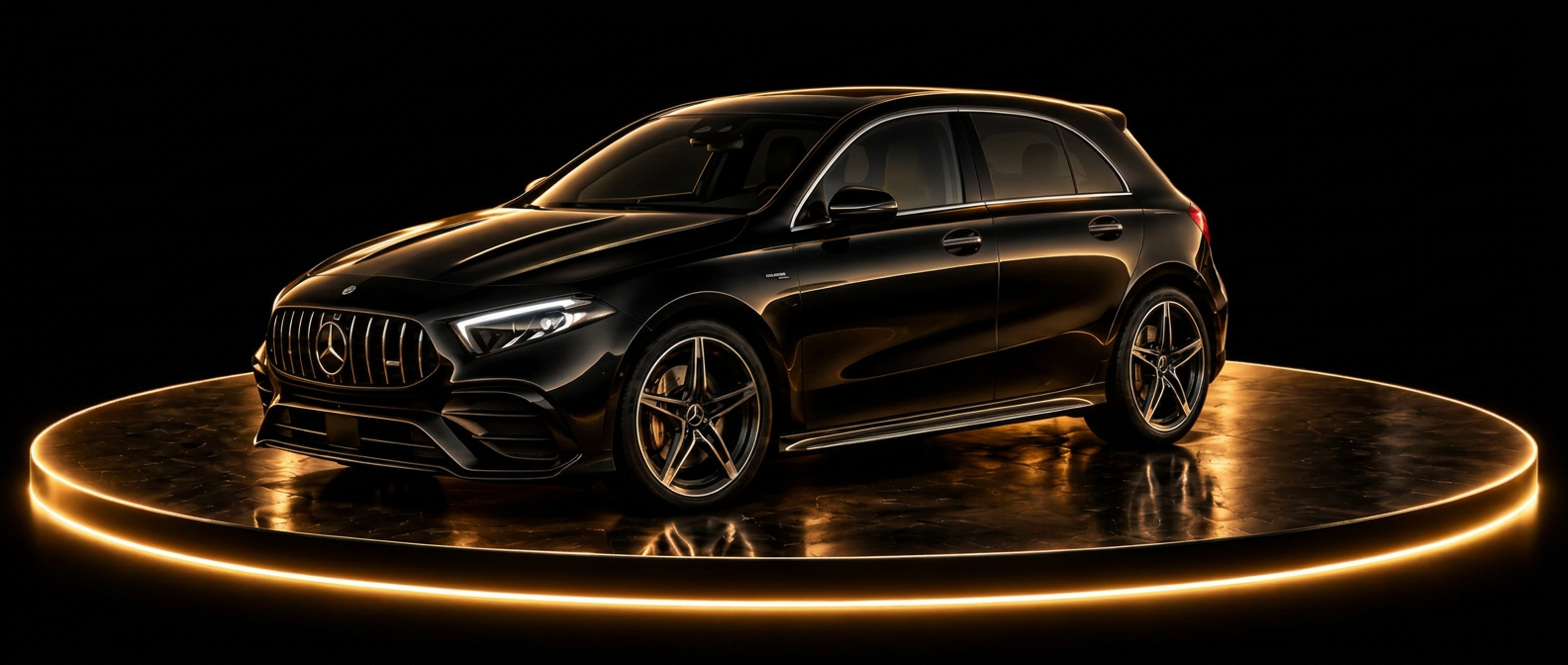 Mercedes-AMG negro sobre una plataforma circular iluminada en dorado
